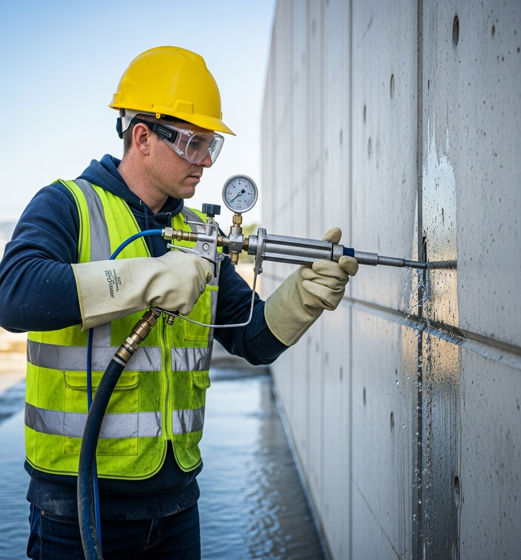 PU injection waterproofing service in Dubai for concrete crack sealing